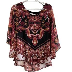 Quintessential Floral Paisley Poncho Blouse Lined Sheer Chiffon Top L